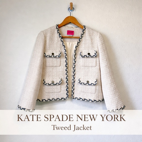 kate spade Jackets & Blazers - Kate Spade Tweed Jacket Cream Navy Trim Cropped Blazer Size 4